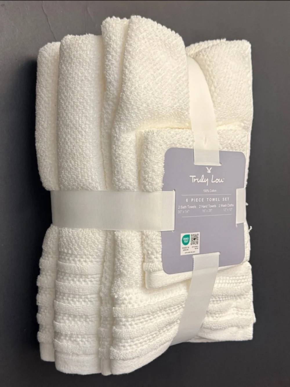 6pc TRULY LOU 100% Cotton Bath Towel Set - White/White